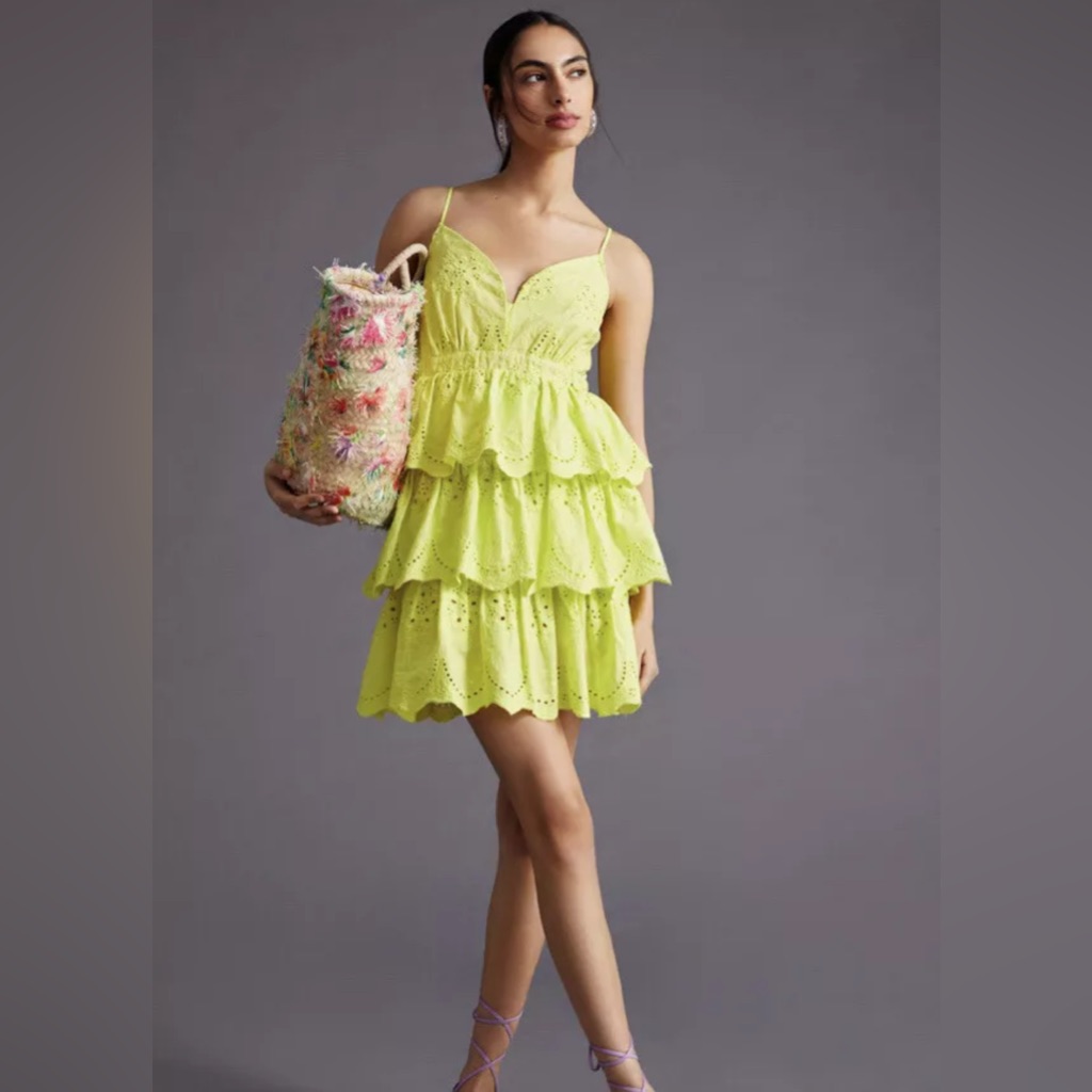 Hope For Flowers By Tracy Reese Citron Lace Tiered Mini Dress Size Medium